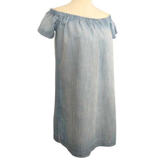 Cloth & Stone Chambray Dress Shift Mini Off Shoulder Light Wash XS Tencel Tunic - Picture 4 of 16